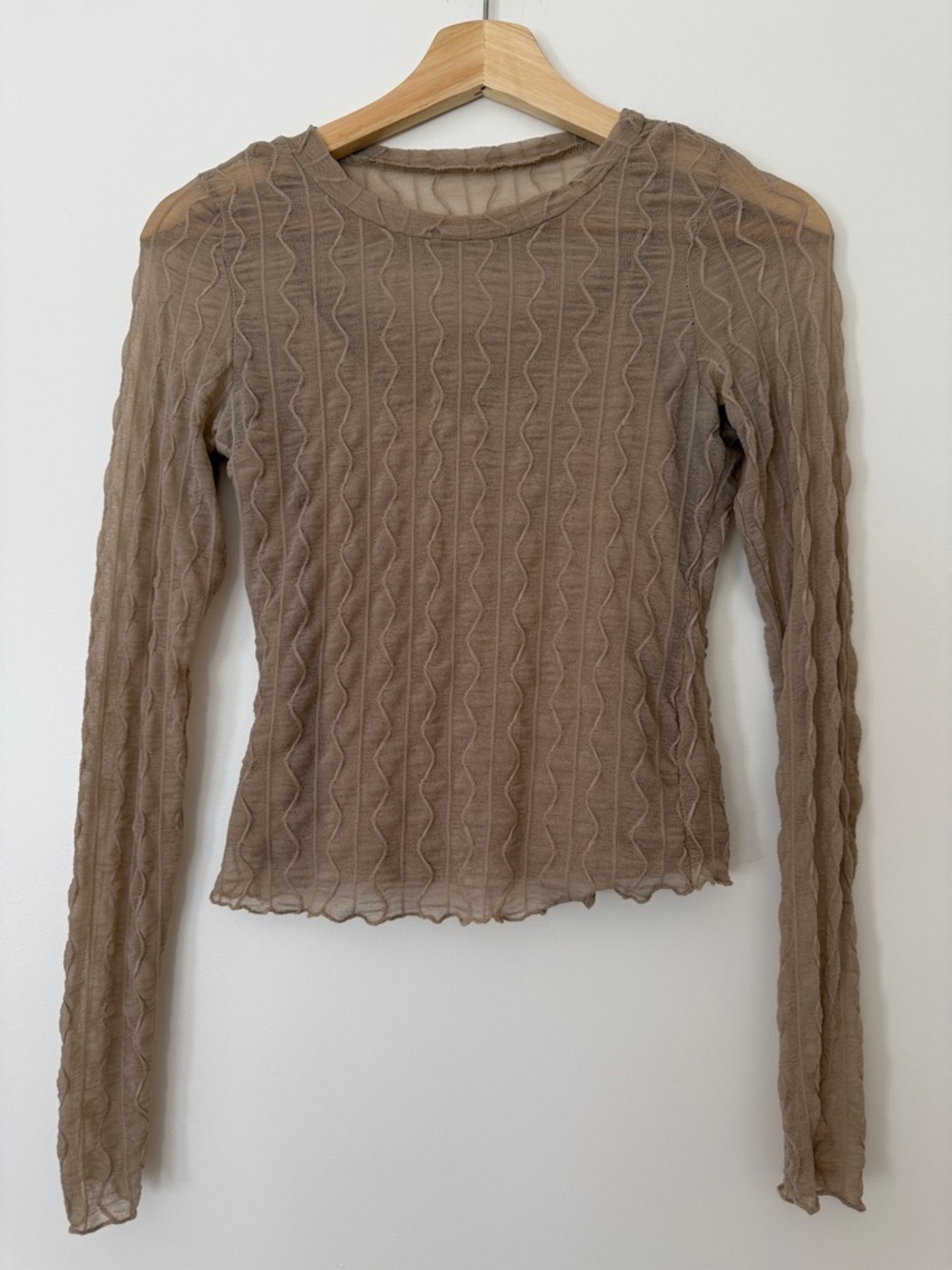 Women’s Sheer Wave-Texture Long Sleeve Sheer Taupe Top Small